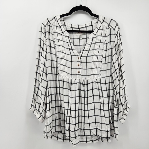 Wrangler Tops - Wrangler Women's White Black Plaid Peasant Top Blouse 3/4‎ Sleeve Medium